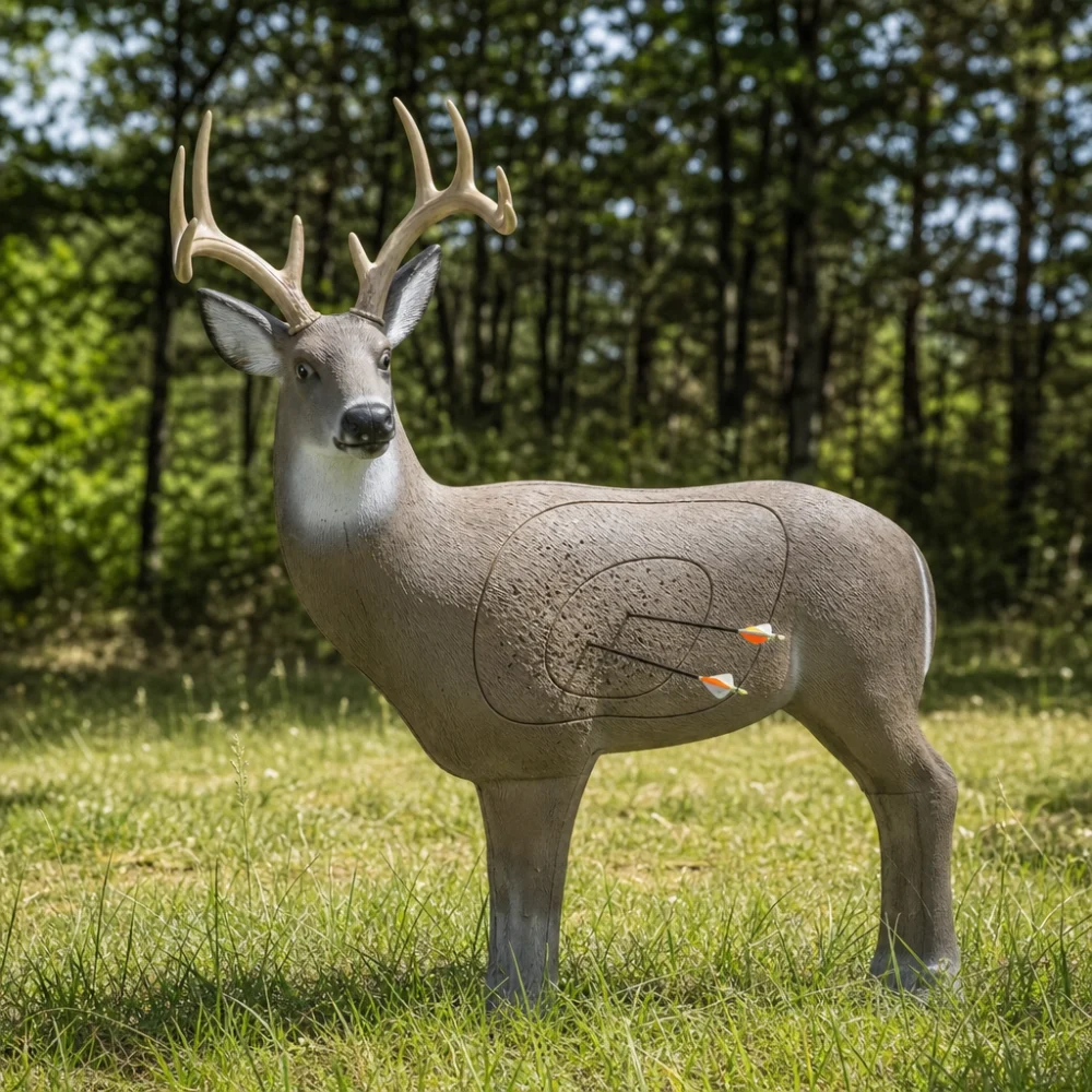 A generic 3D archery target set up outdoors on grass for practice.