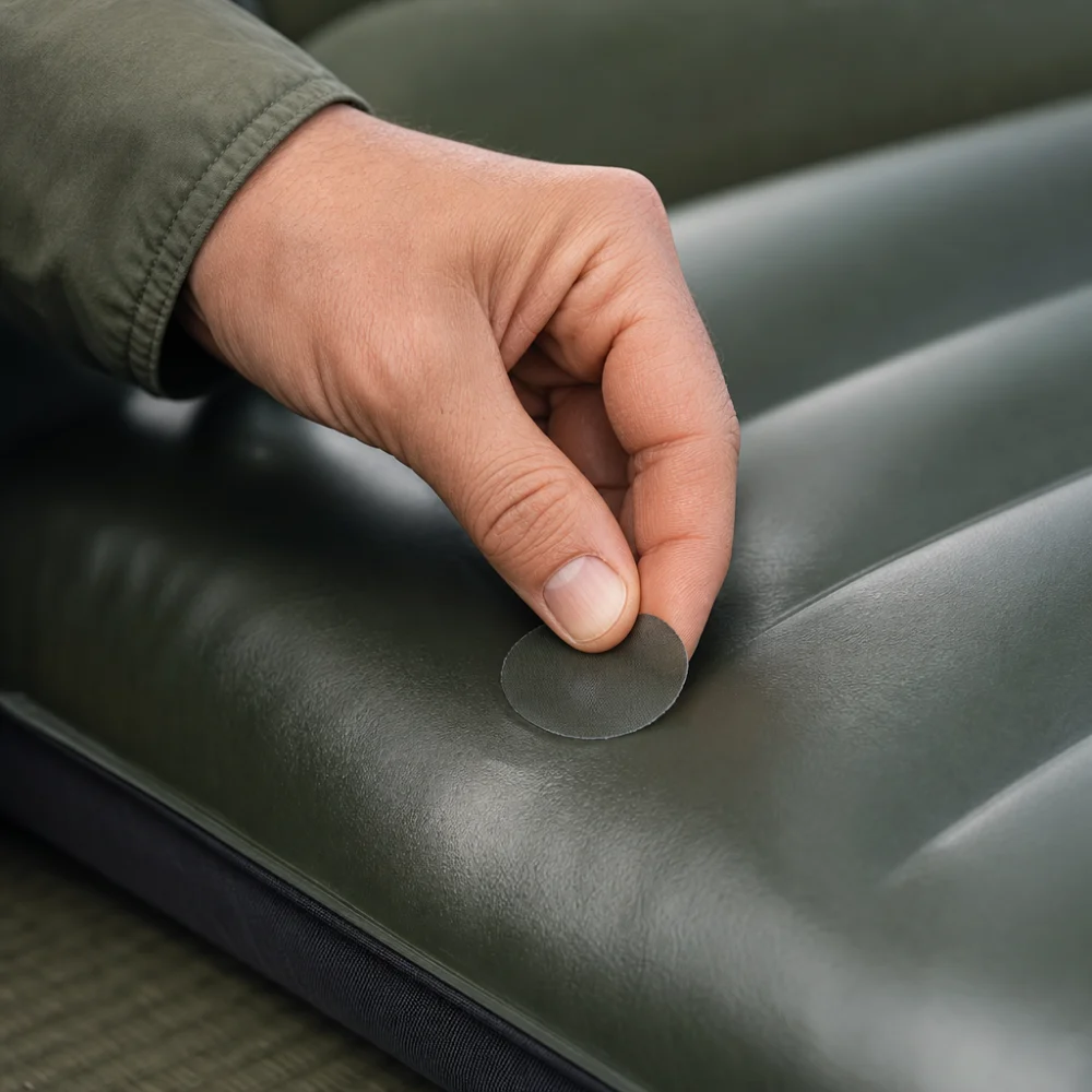 A patch being applied to an inflatable mattress surface