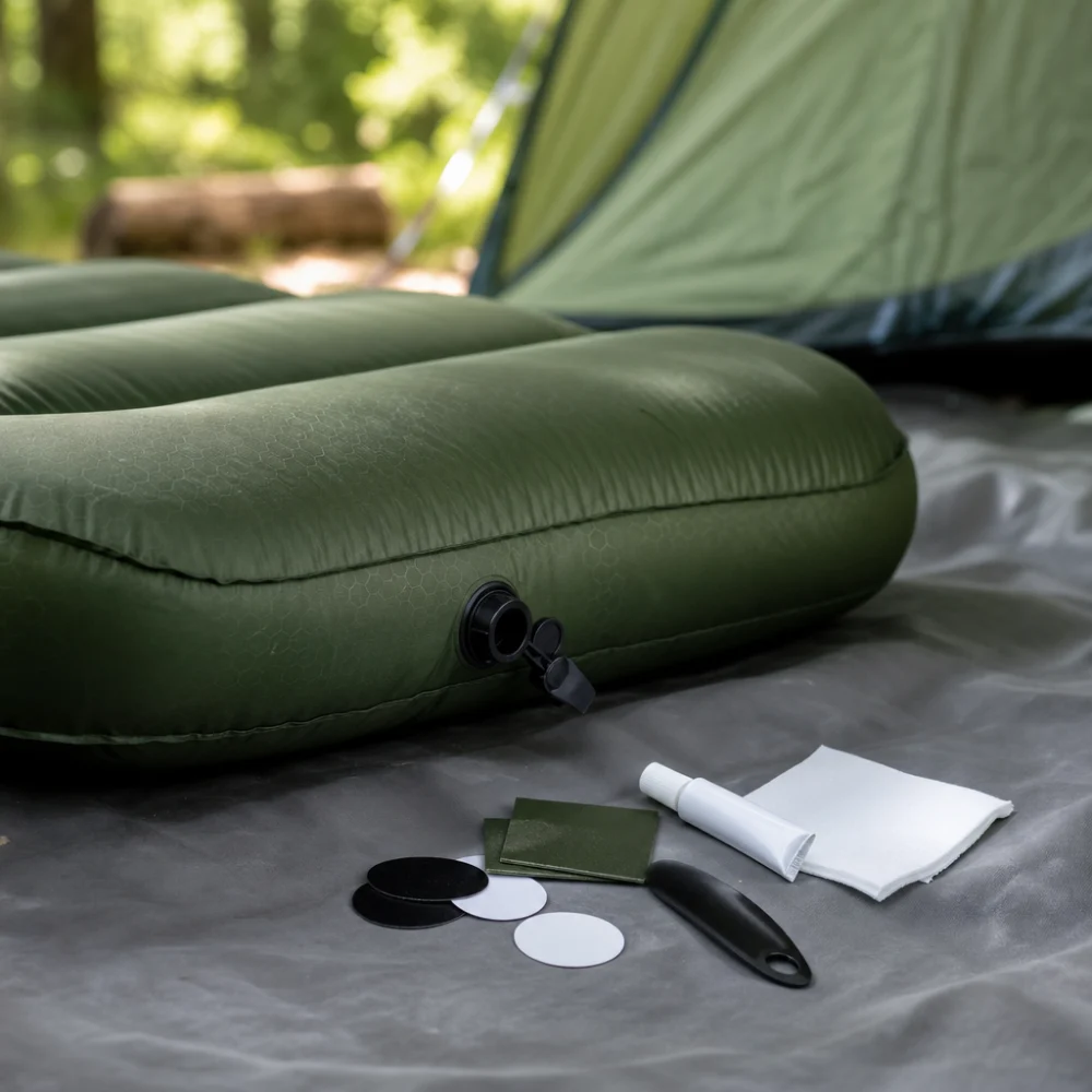 An unbranded air mattress repair kit arranged beside an inflatable mattress
