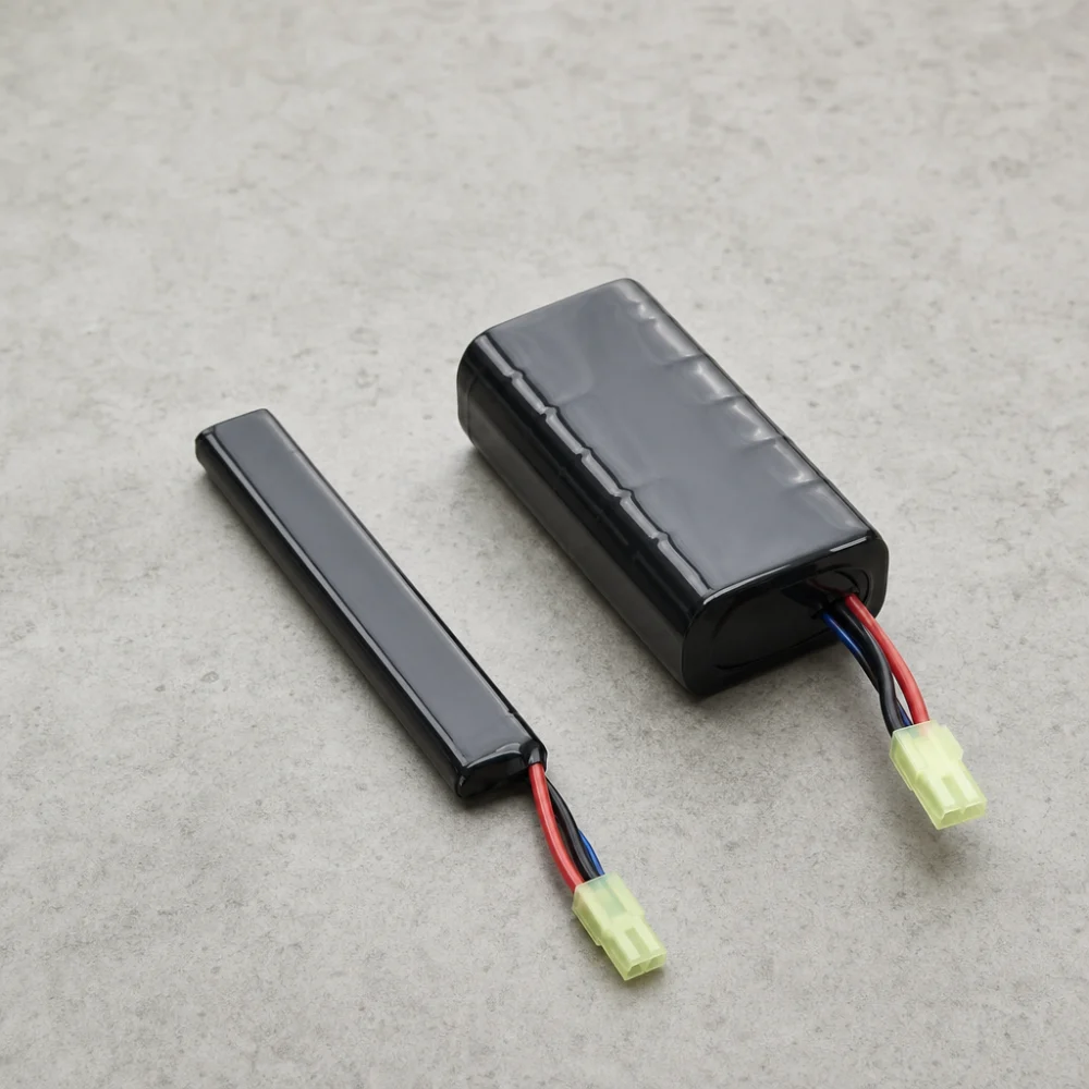 Two generic airsoft battery shapes showing size comparison