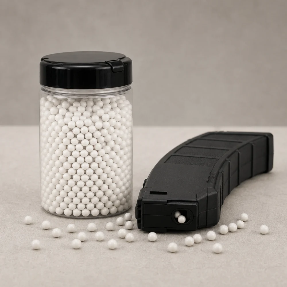 Generic airsoft BBs displayed in a clean studio setup