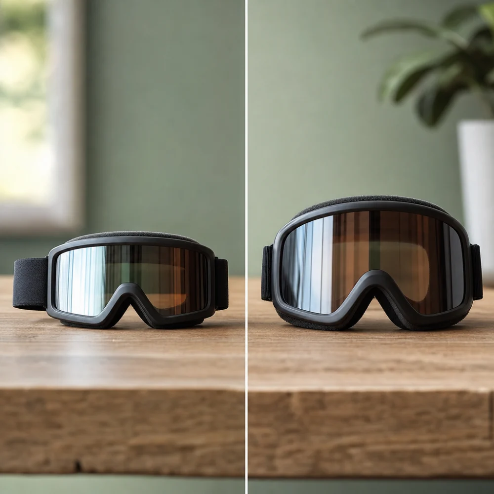 Two generic airsoft goggle styles shown side by side to compare profile shape.