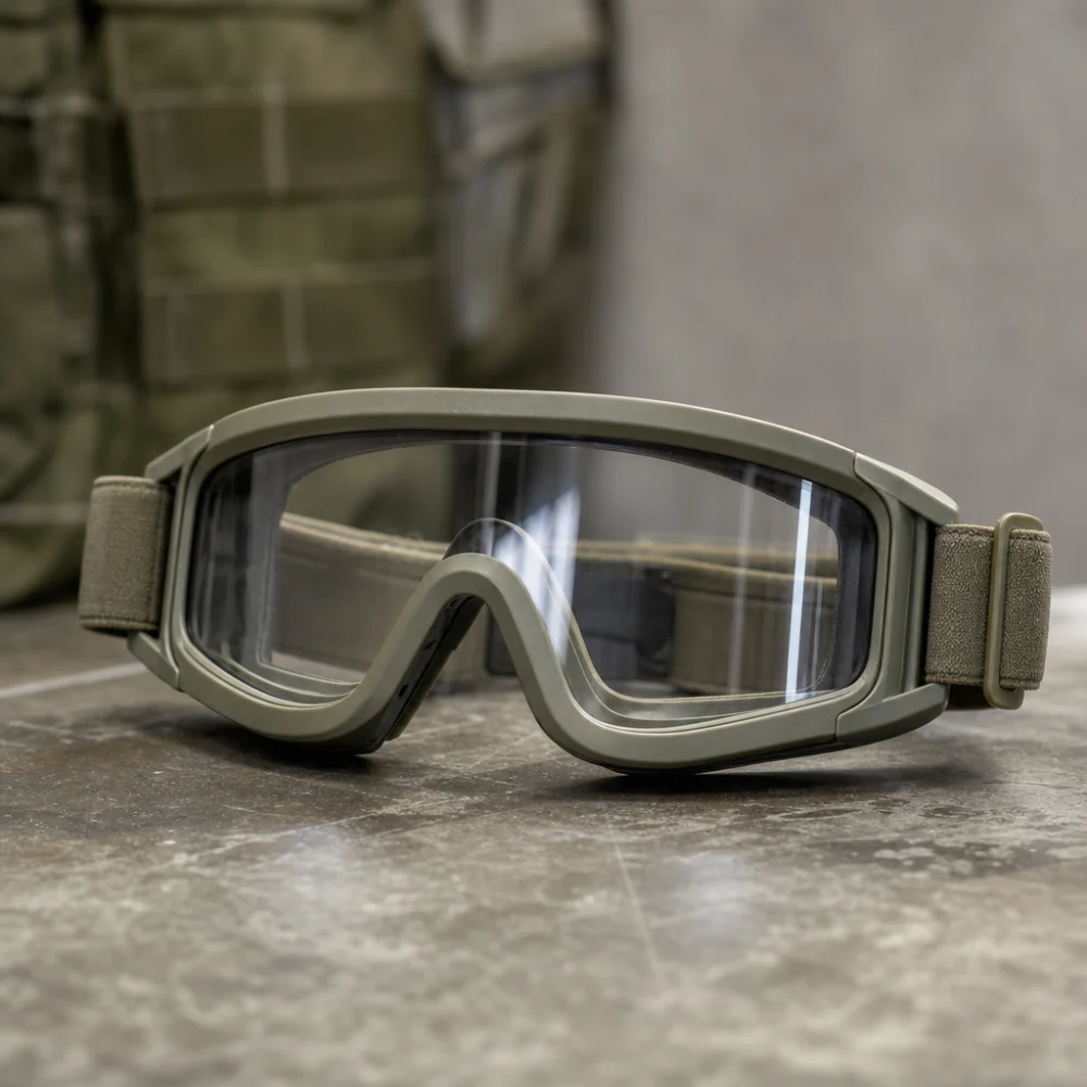 A pair of generic airsoft goggles on a neutral background.