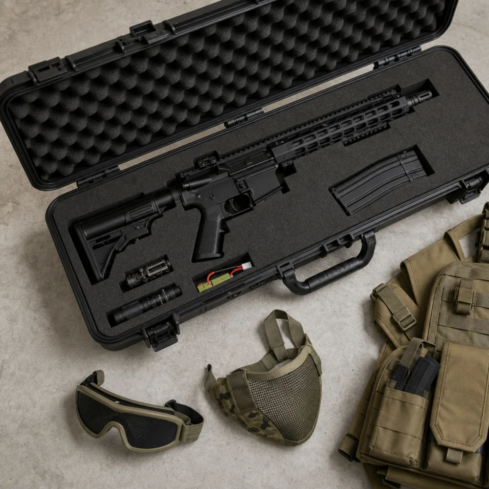 An open airsoft gun case with simple unbranded gear laid out beside it on a neutral background.