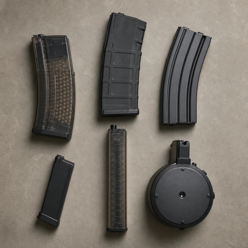 Assorted airsoft magazines arranged on a neutral background