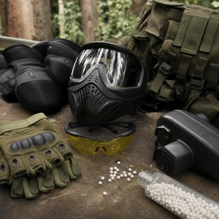 Protective eyewear, a mask, and sports gear arranged on a neutral surface