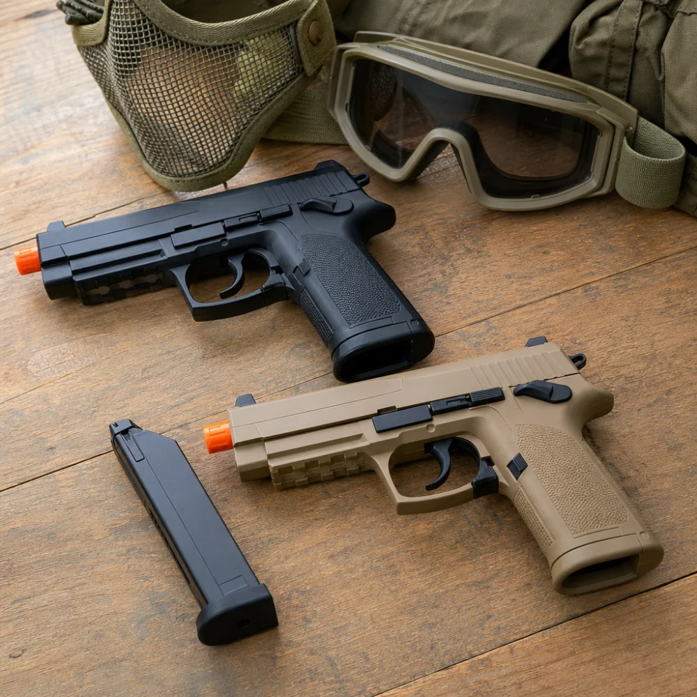 Two generic airsoft pistols with a spare magazine on a neutral background