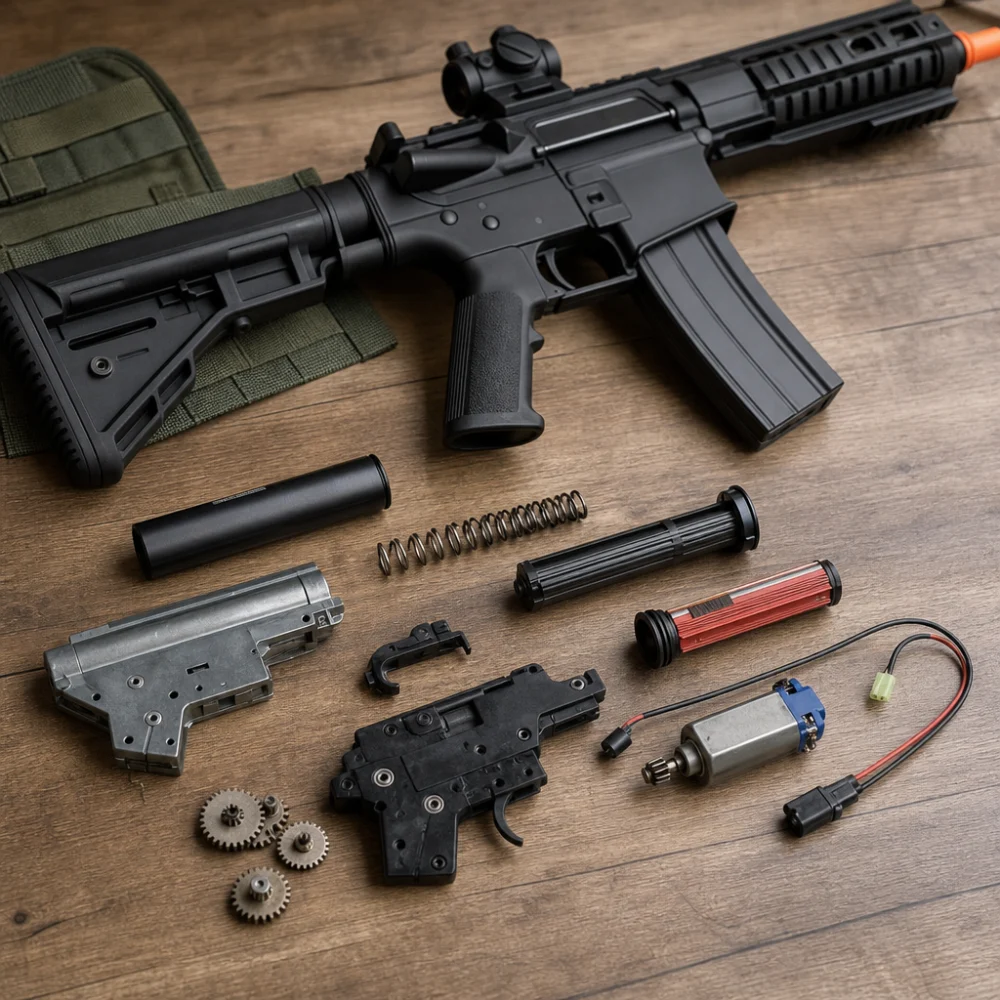 Generic airsoft replacement parts arranged on a tabletop for a buyer guide illustration.