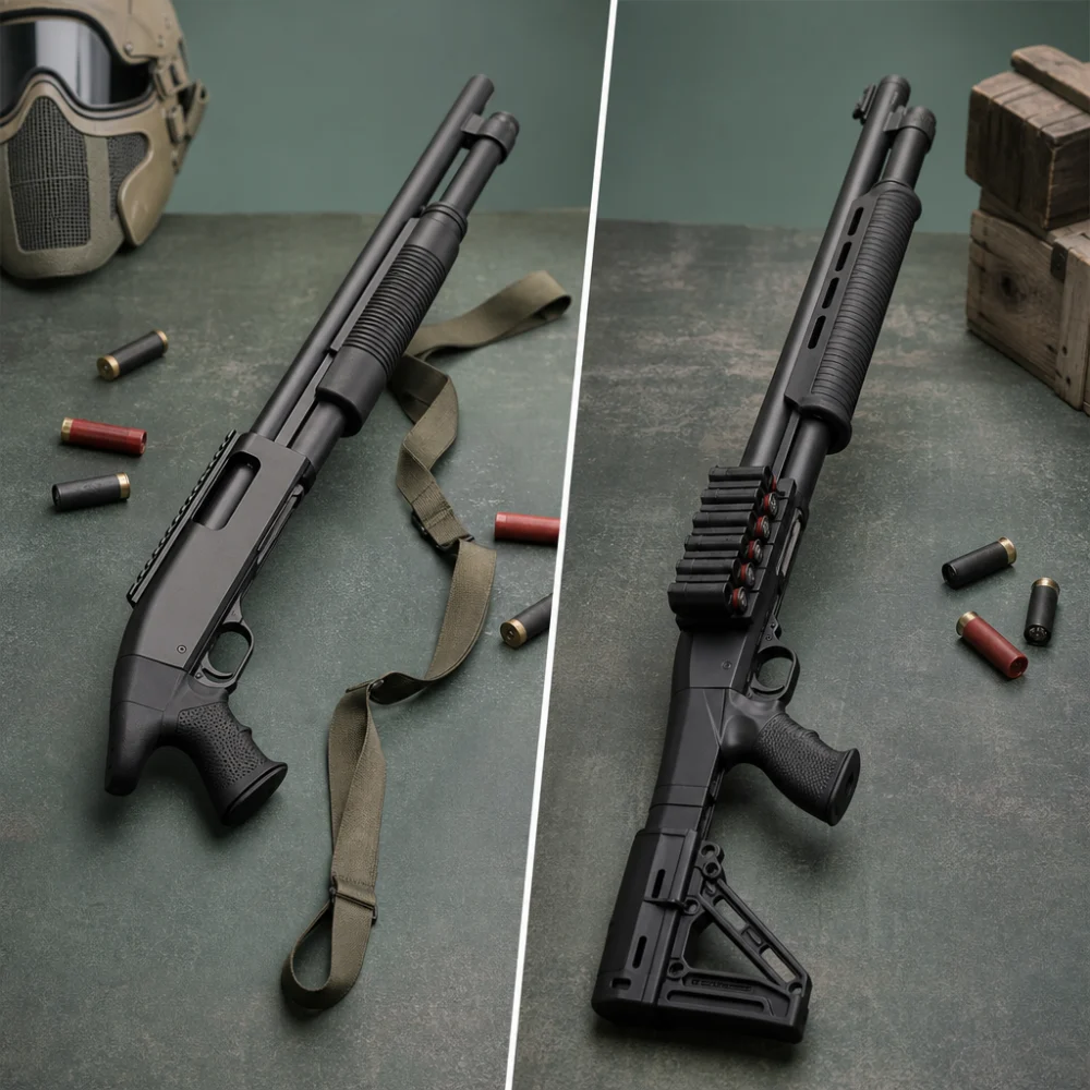 Two generic airsoft shotgun styles shown side by side