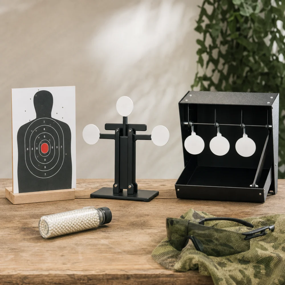 Generic airsoft target styles arranged side by side on a clean surface