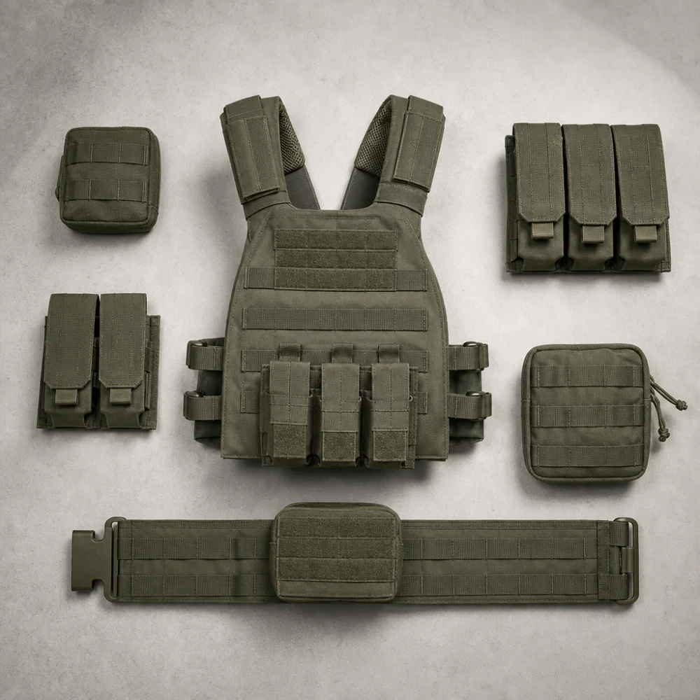 Generic airsoft vest laid out with attached pouches on a neutral background