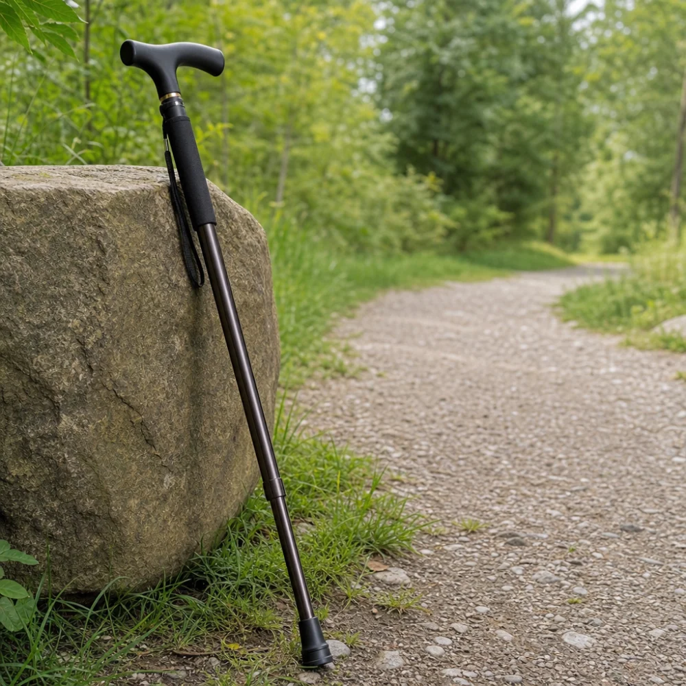 An unbranded walking cane shown beside a gravel-and-grass path