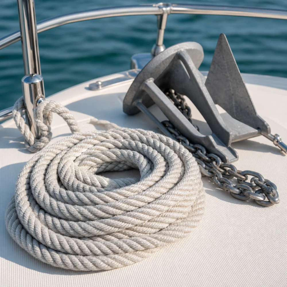 Coiled anchor rope and chain beside a boat anchor on deck.