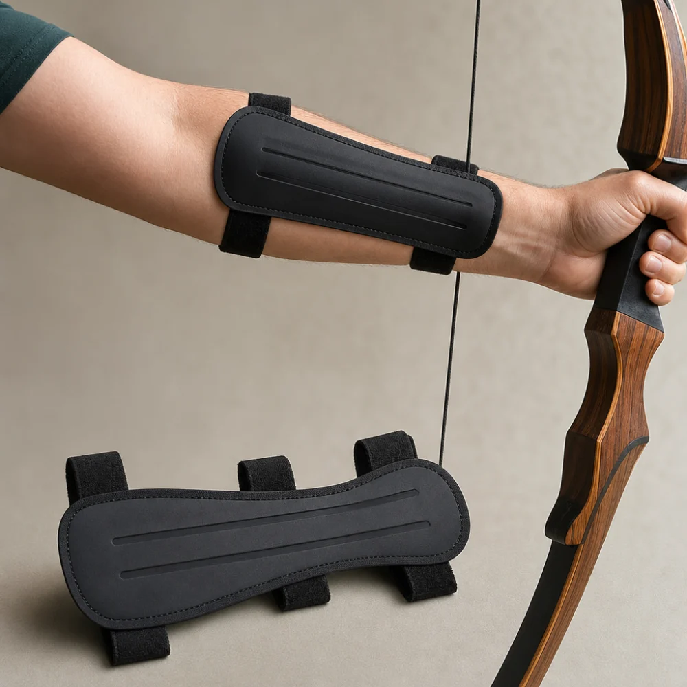 Generic archery arm guard shown on a neutral background next to a bow arm position