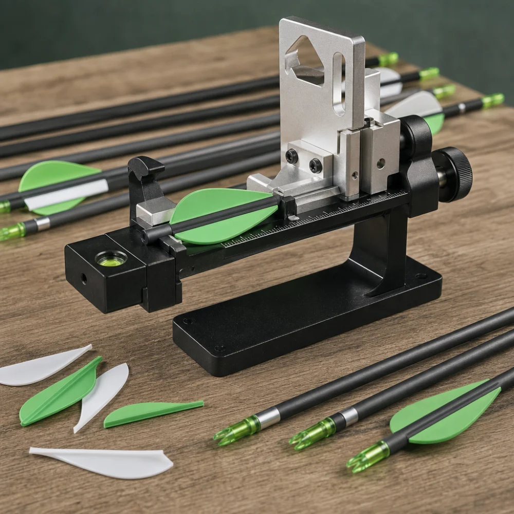 Arrow fletching jig with unbranded arrow shafts and loose vanes on a tabletop