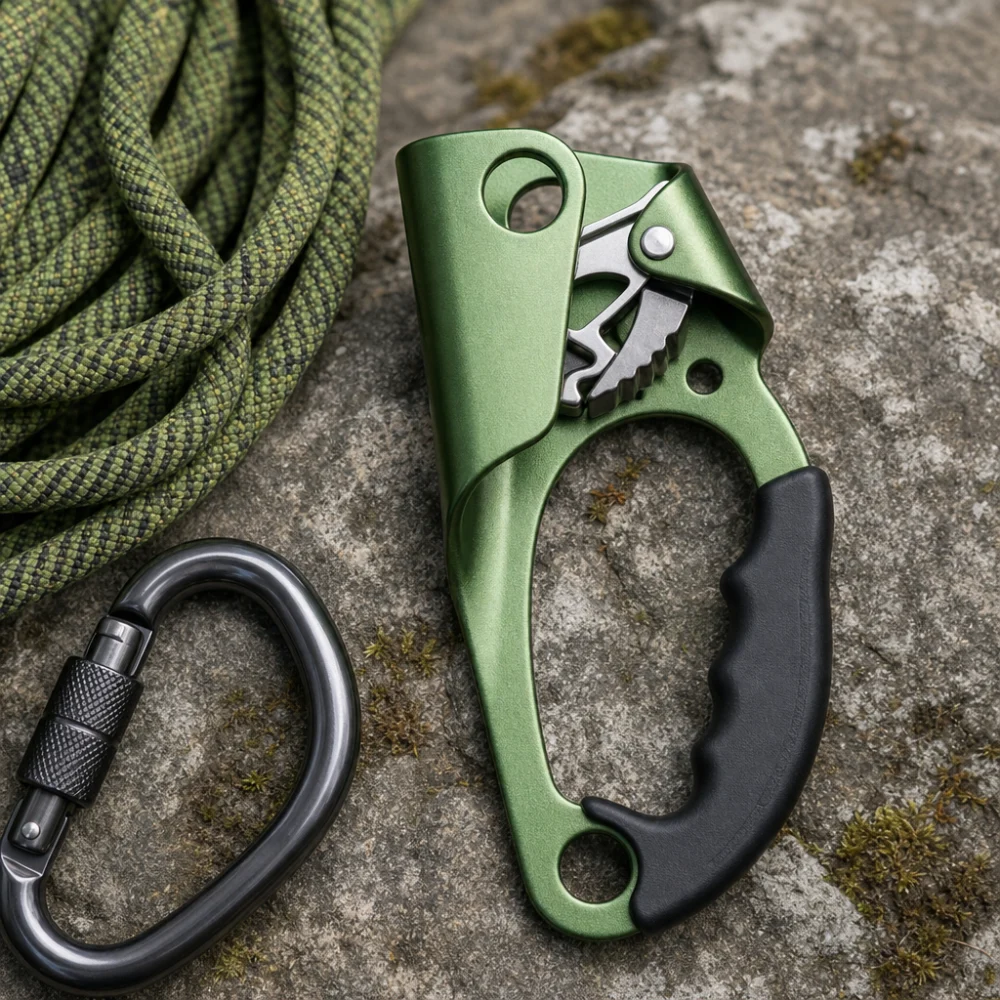 A generic ascender device with rope and a carabiner on a neutral background.
