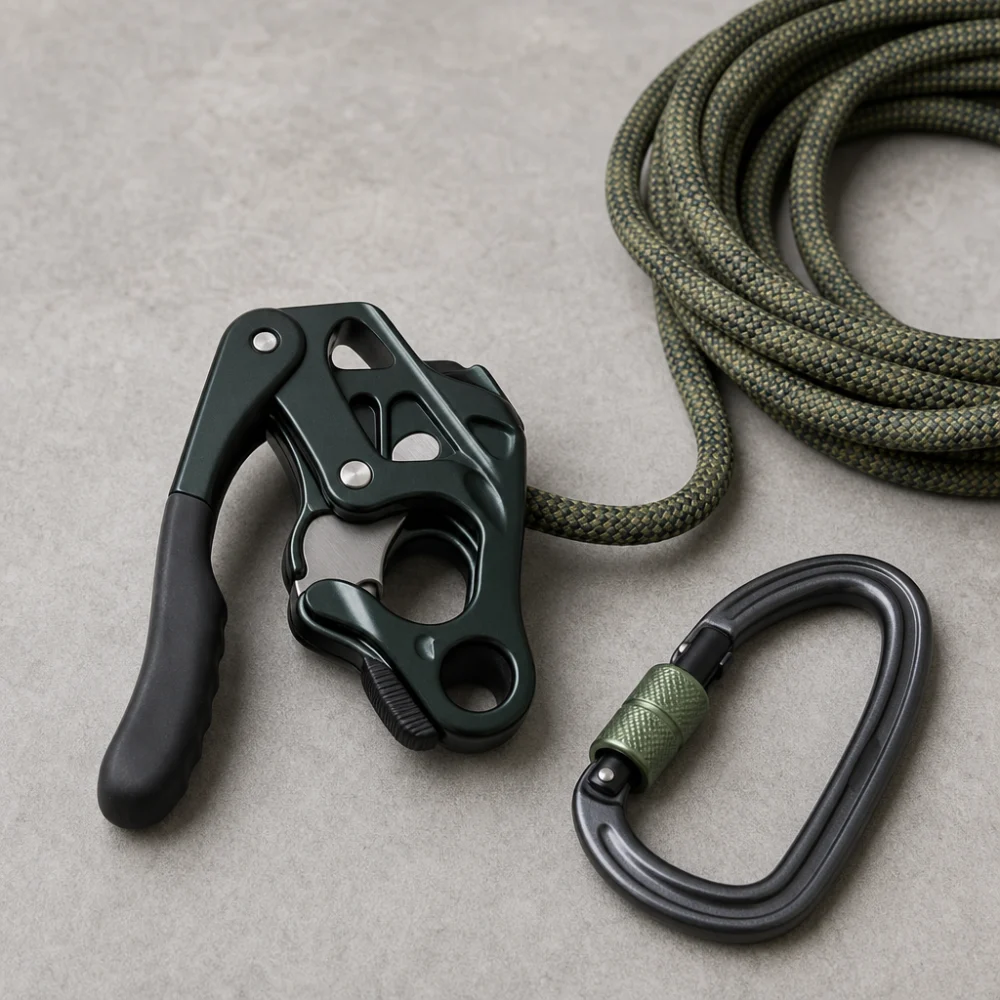 Assisted-braking belay device with coiled climbing rope and carabiner on a neutral background.