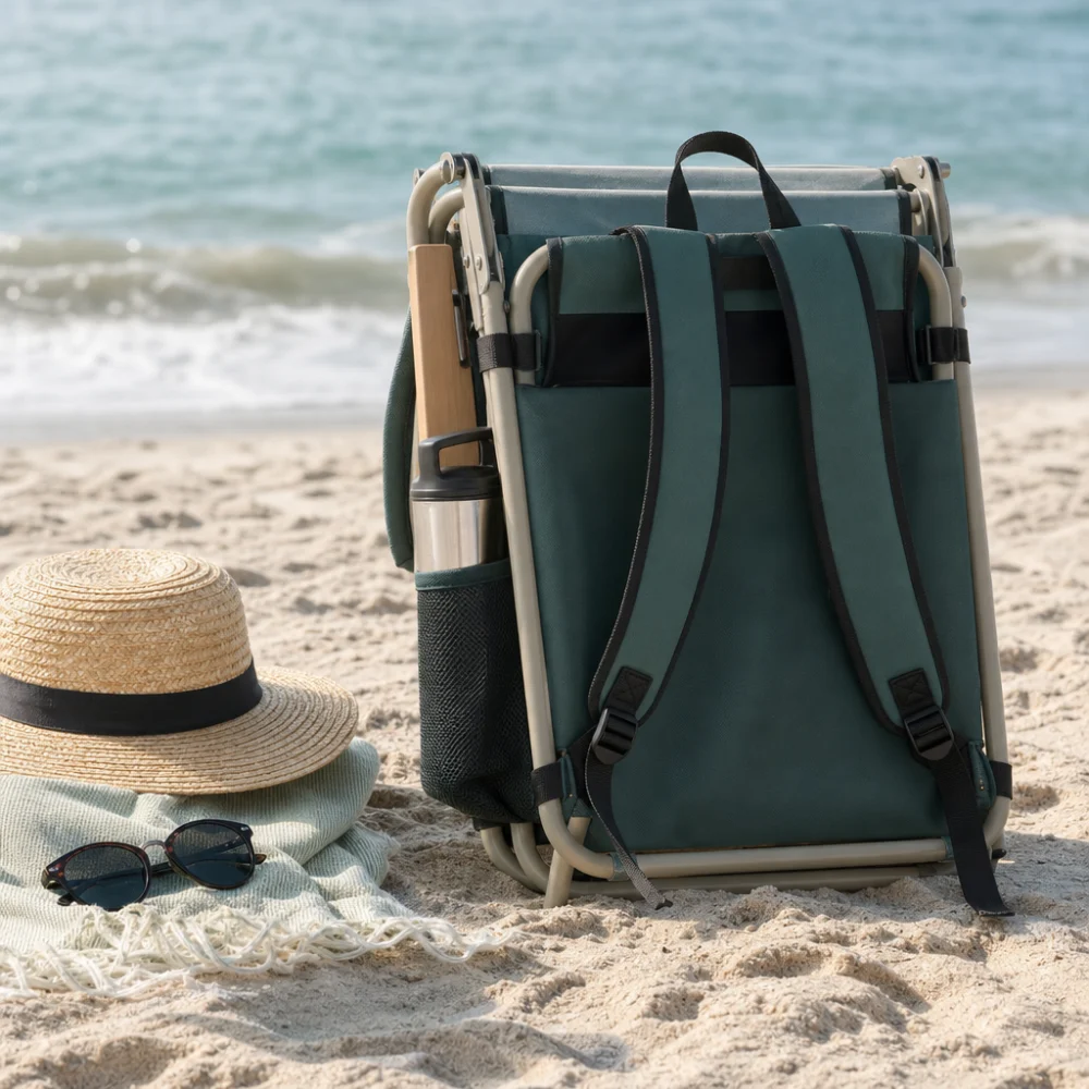 A folded backpack beach chair beside beach essentials on sand