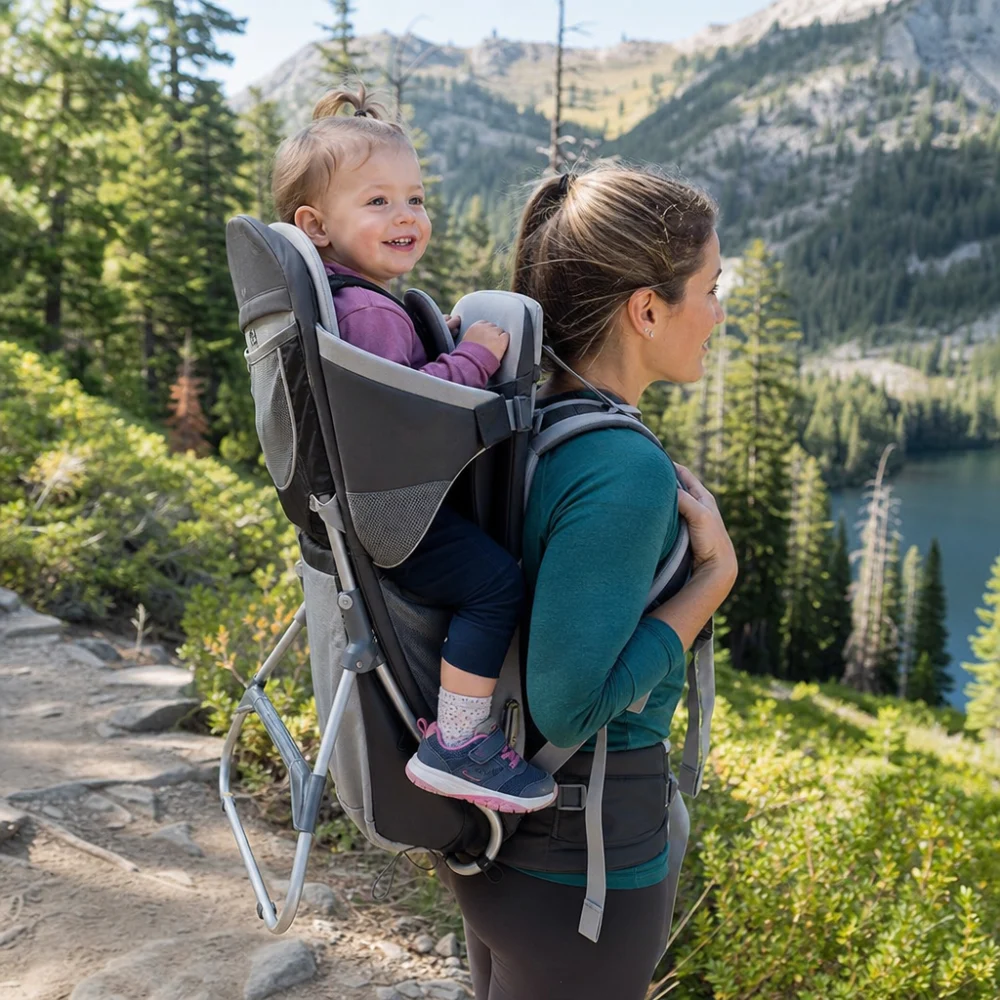 A parent carrying a child in a backpack child carrier on a trail