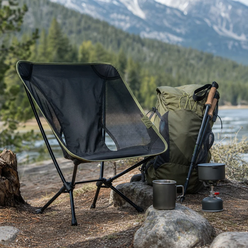 A compact backpacking chair beside a hiking backpack and camping gear outdoors.