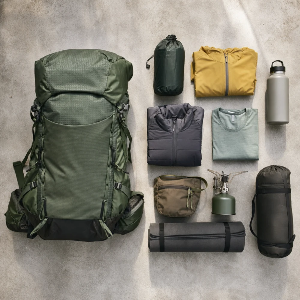 A backpacking pack with simple trail gear arranged beside it