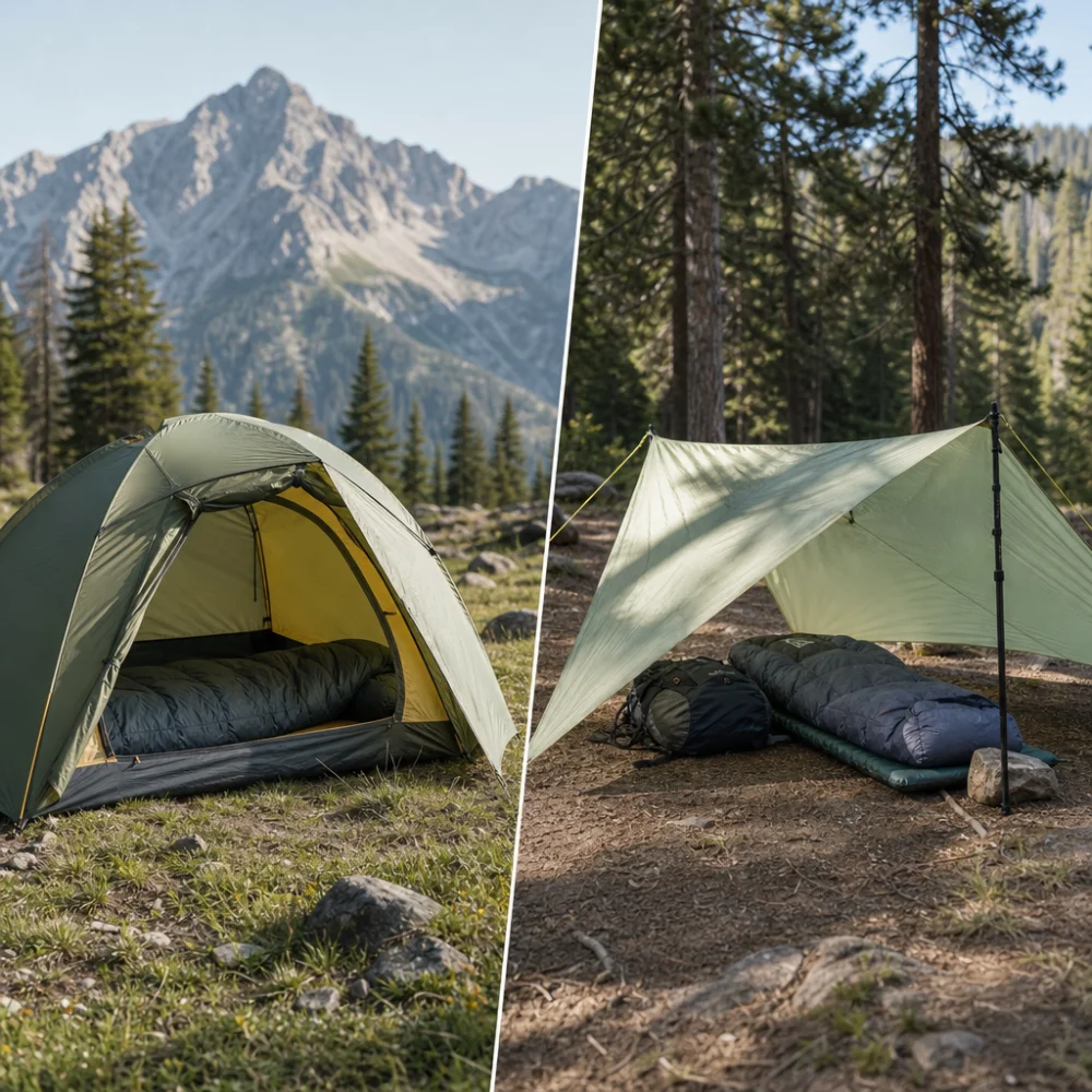 Two generic backpacking shelter styles shown side by side to compare enclosure and openness.