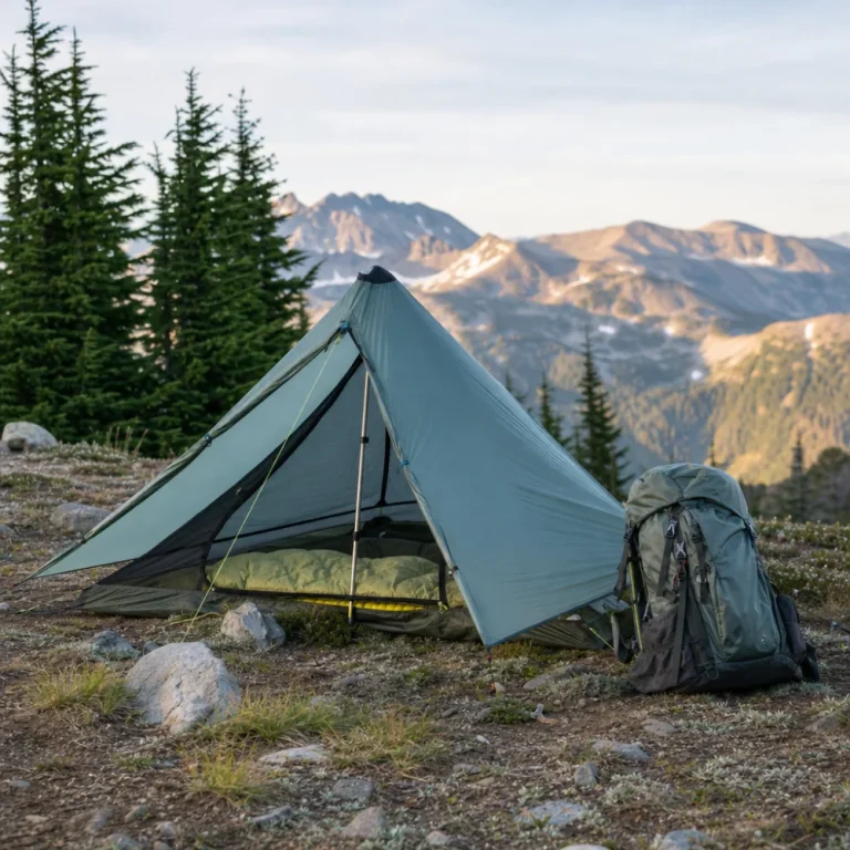 A compact backpacking shelter pitched outdoors beside a backpack.