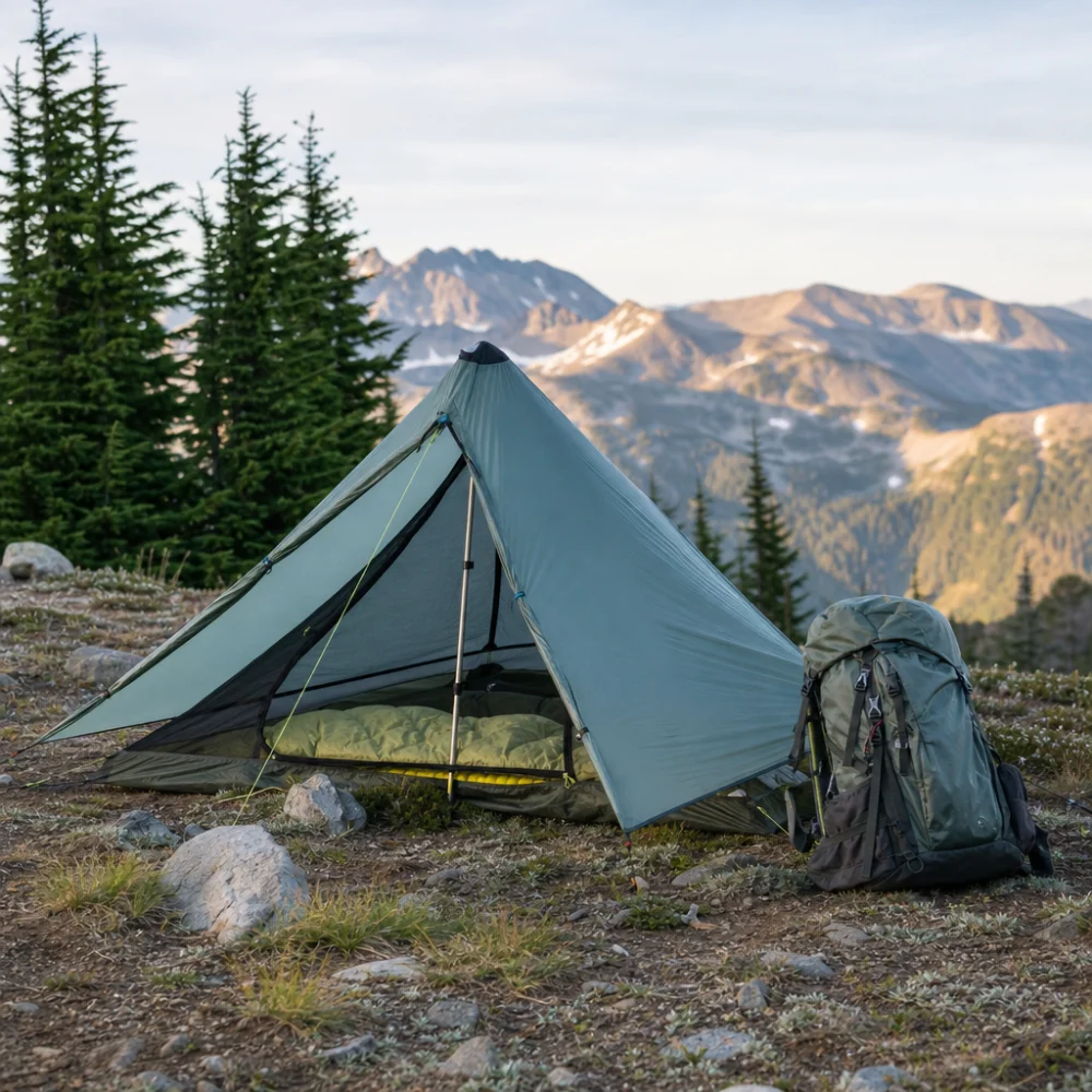 A compact backpacking shelter pitched outdoors beside a backpack.