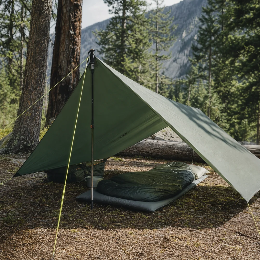 Backpacking tarp pitched over a simple outdoor sleeping setup