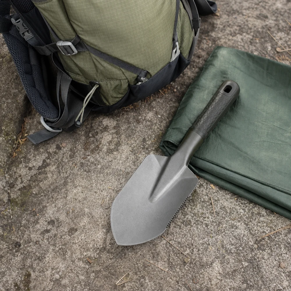 A backpacking trowel shown with simple hiking gear on a neutral surface.