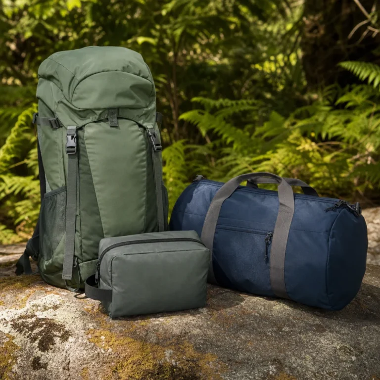 Backpack, duffel bag, and small carry bag arranged outdoors