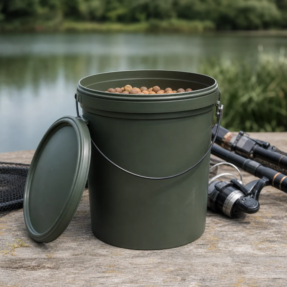 A bait bucket next to basic fishing gear on a neutral background.
