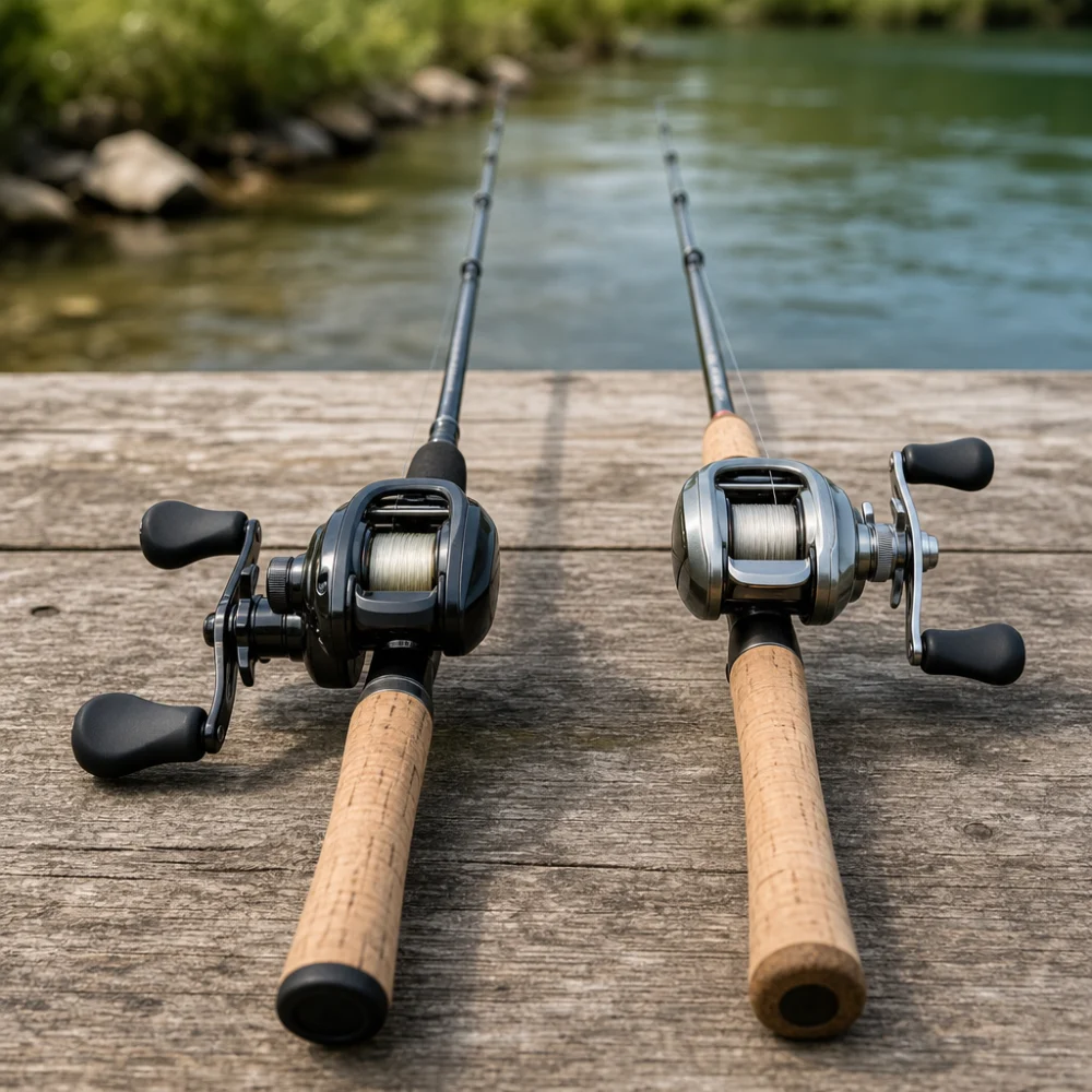 Two baitcasting fishing setups shown side by side for comparison