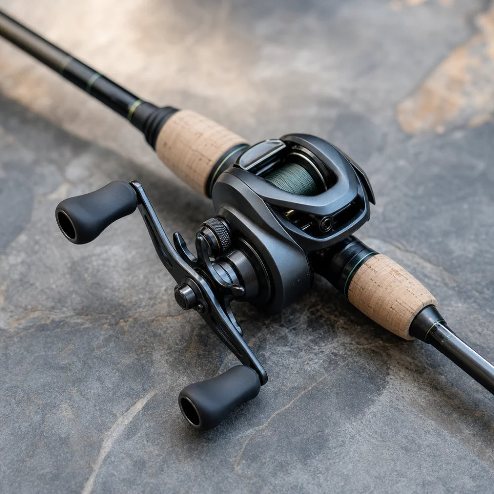 A baitcasting reel beside a fishing rod on a neutral background