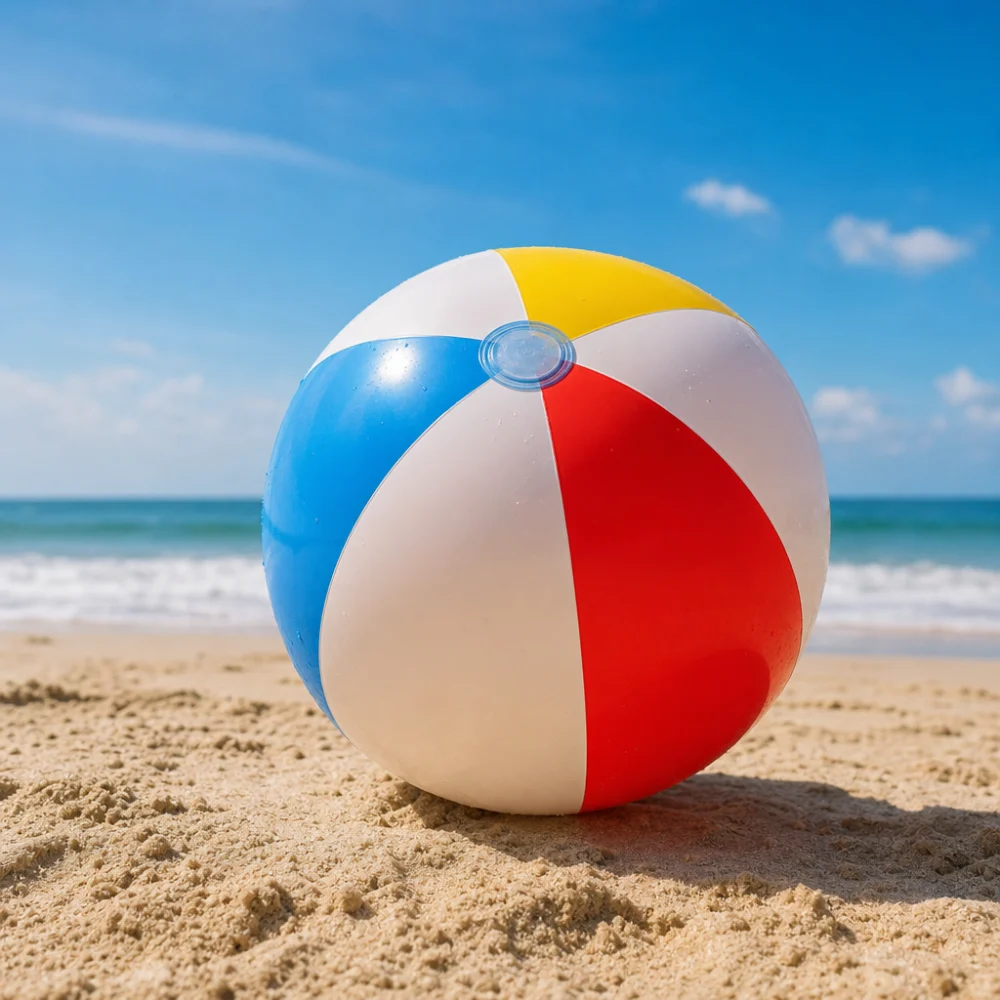 A colorful beach ball resting on sand near the shoreline.