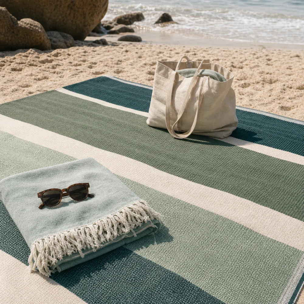 A beach blanket laid out on sand with simple beach essentials nearby.