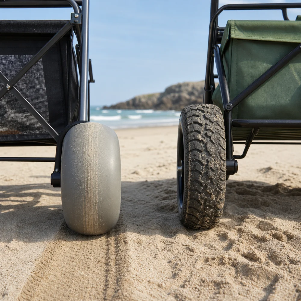 Two beach cart wheel styles shown side by side on sand