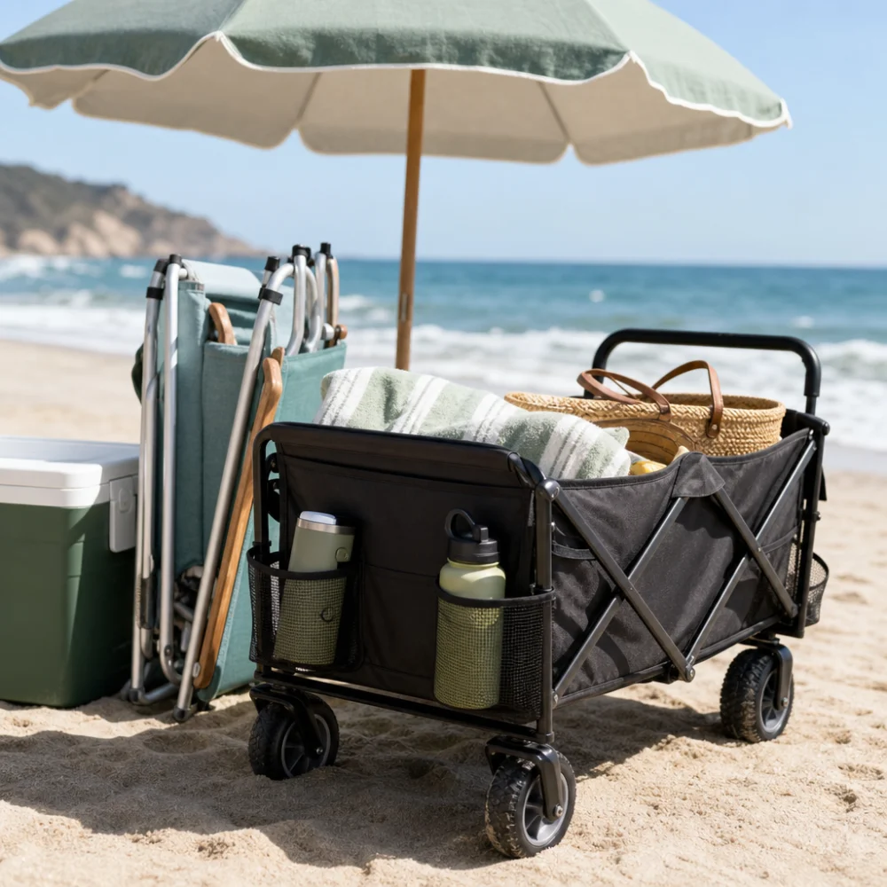 Beach equipment carrier with folded chairs, cooler, and umbrella on sand