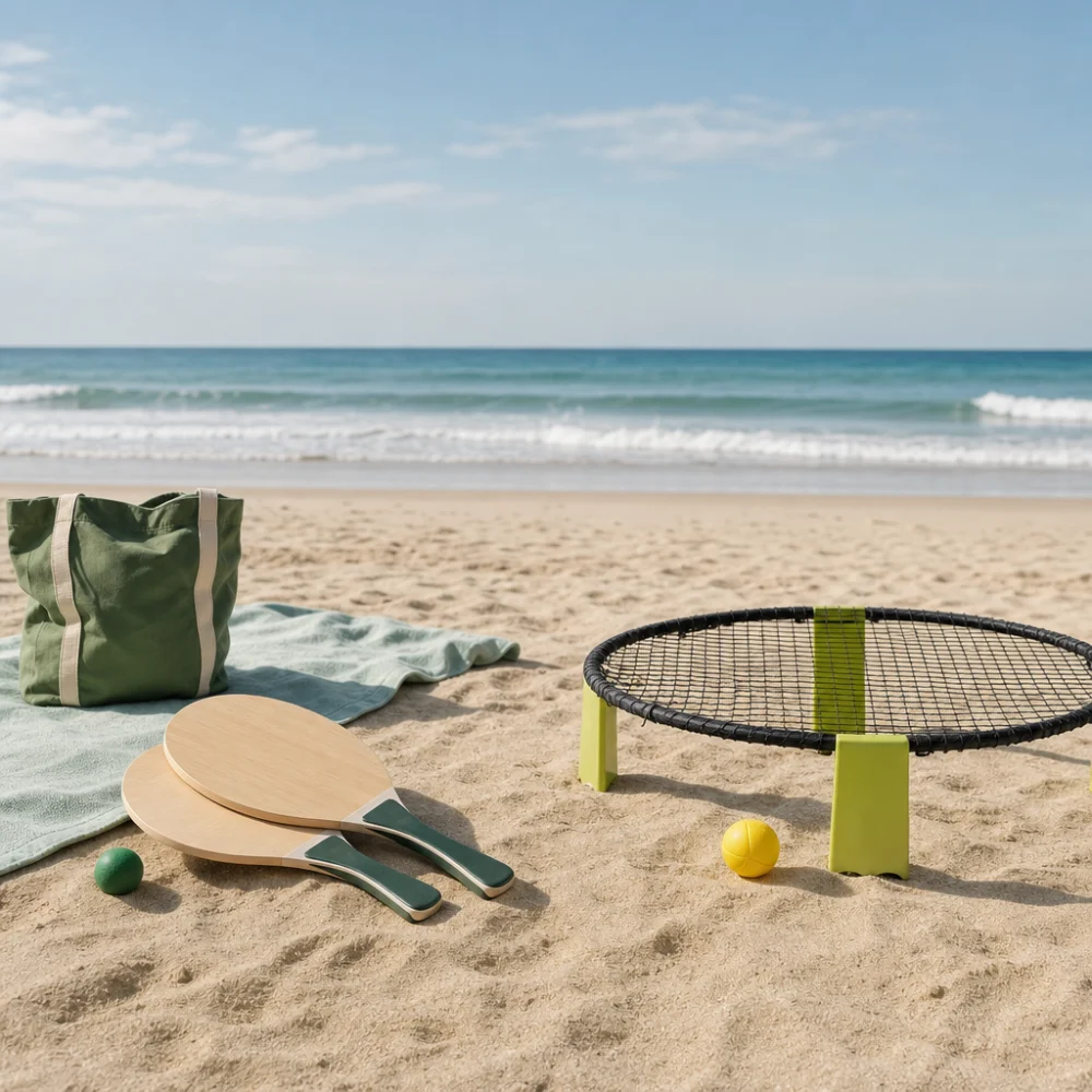Two different beach game setups shown side by side on sand