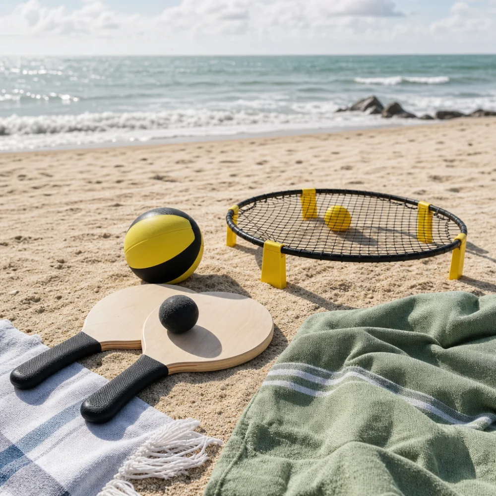 Beach game items arranged on sand near a shoreline