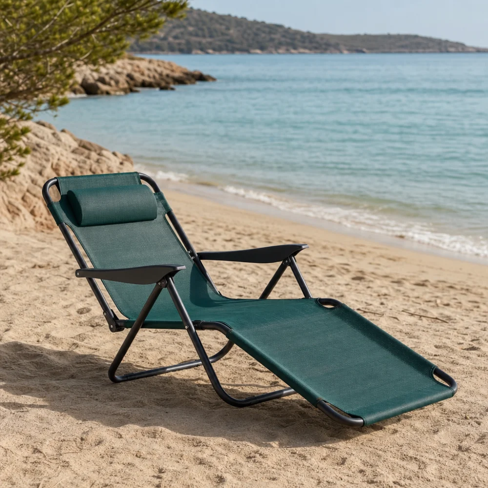 A beach lounger on sand near the shoreline
