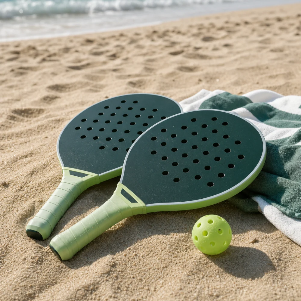 Two paddle rackets and a ball on beach sand
