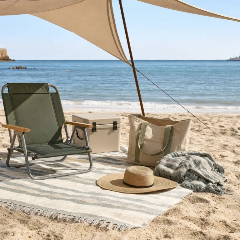 Beach blanket, folding chair, and picnic items on sand