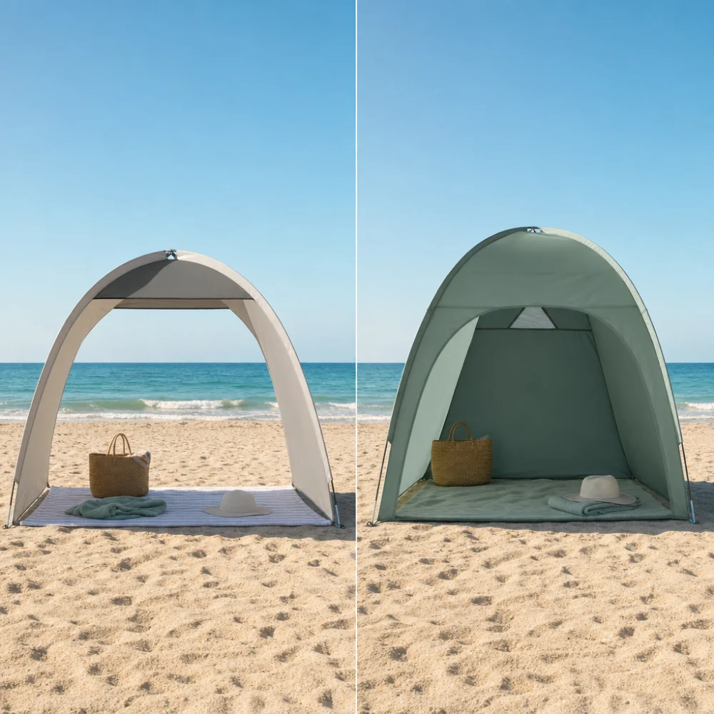 Two generic beach shelter styles compared side by side.