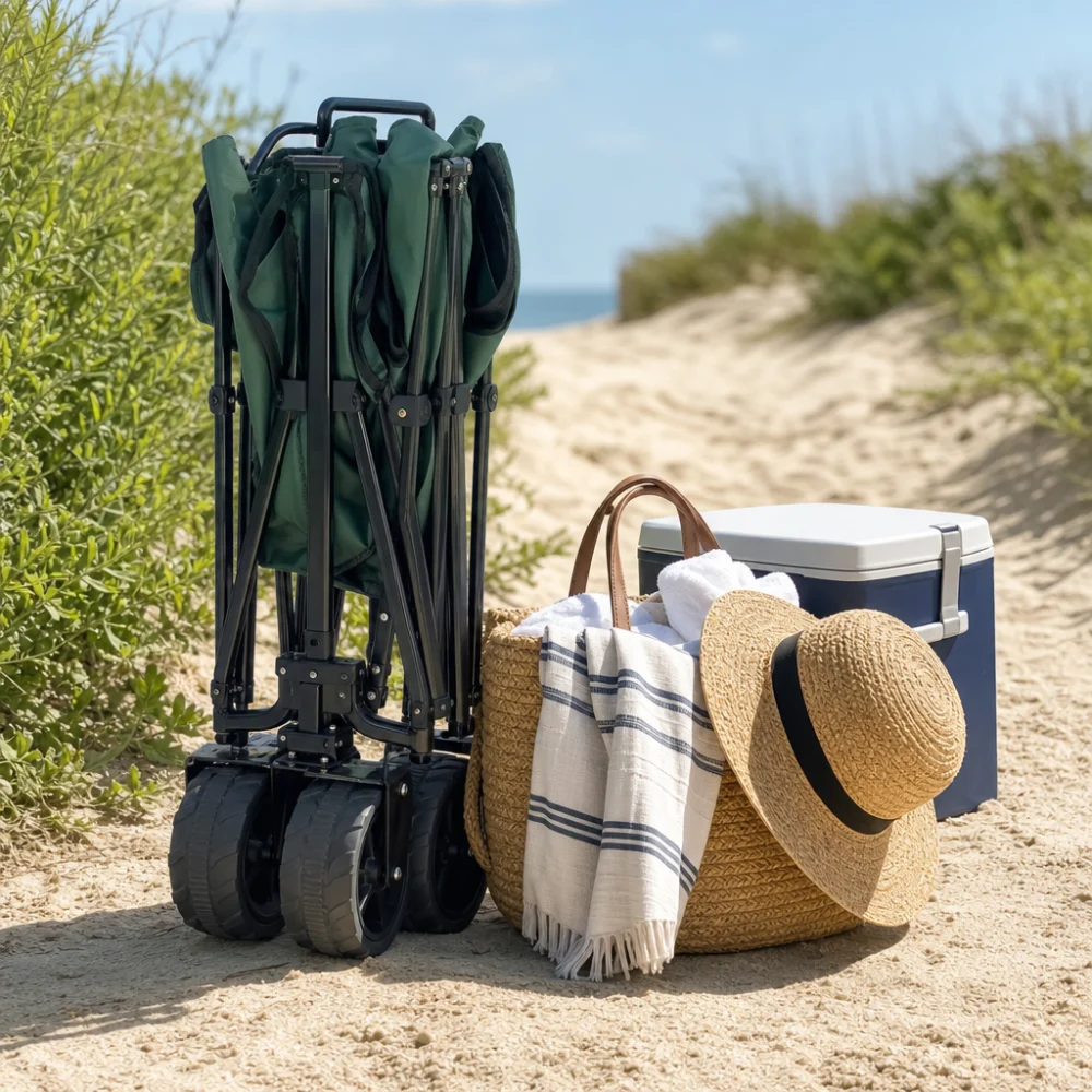 A beach wagon with beach gear on a sandy path.