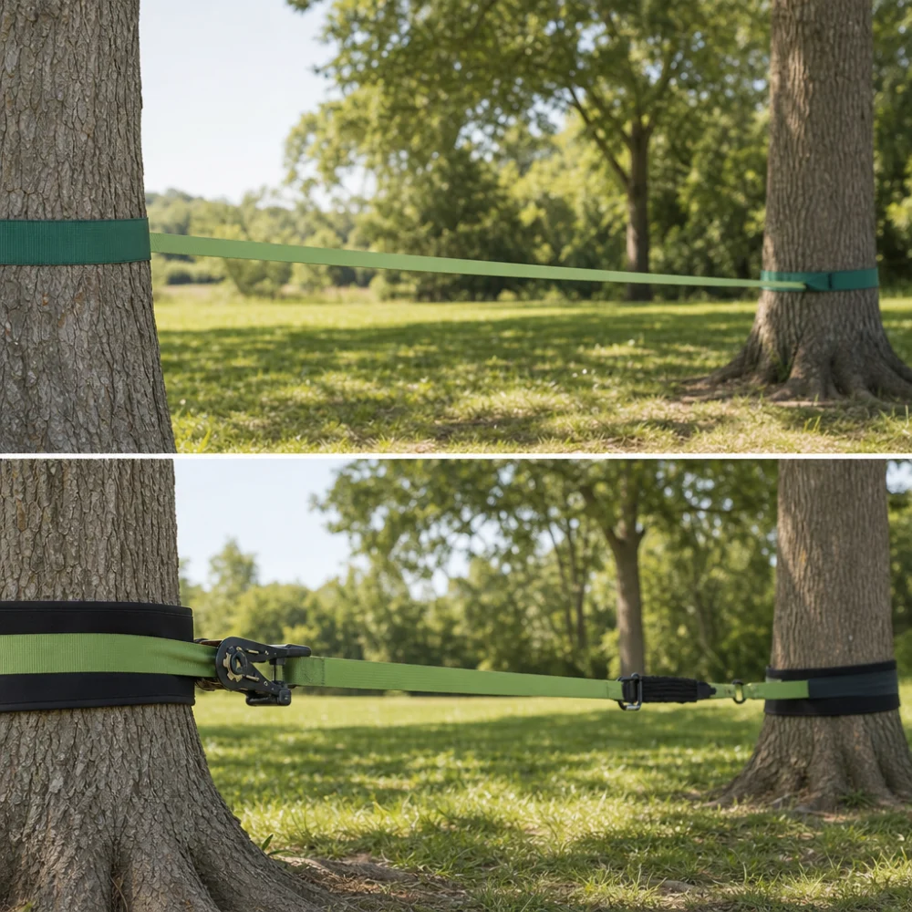 Two slackline setup styles shown side by side
