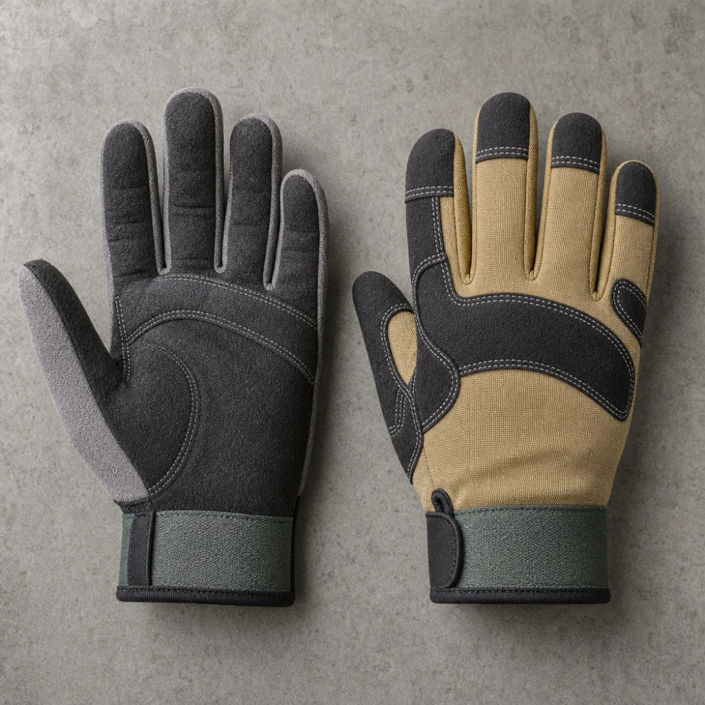 Two generic belay gloves shown side by side to suggest different reinforcement and flexibility levels.