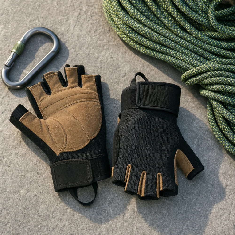 Pair of belay gloves beside a climbing rope and carabiner on a neutral background.