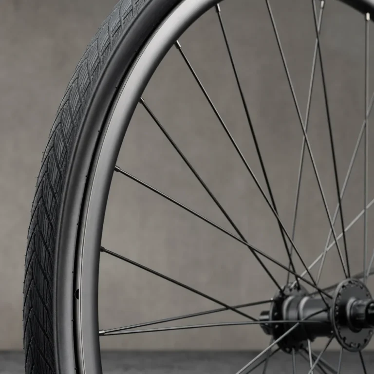 A bicycle rim shown in a clean studio composition with a tire and spokes.