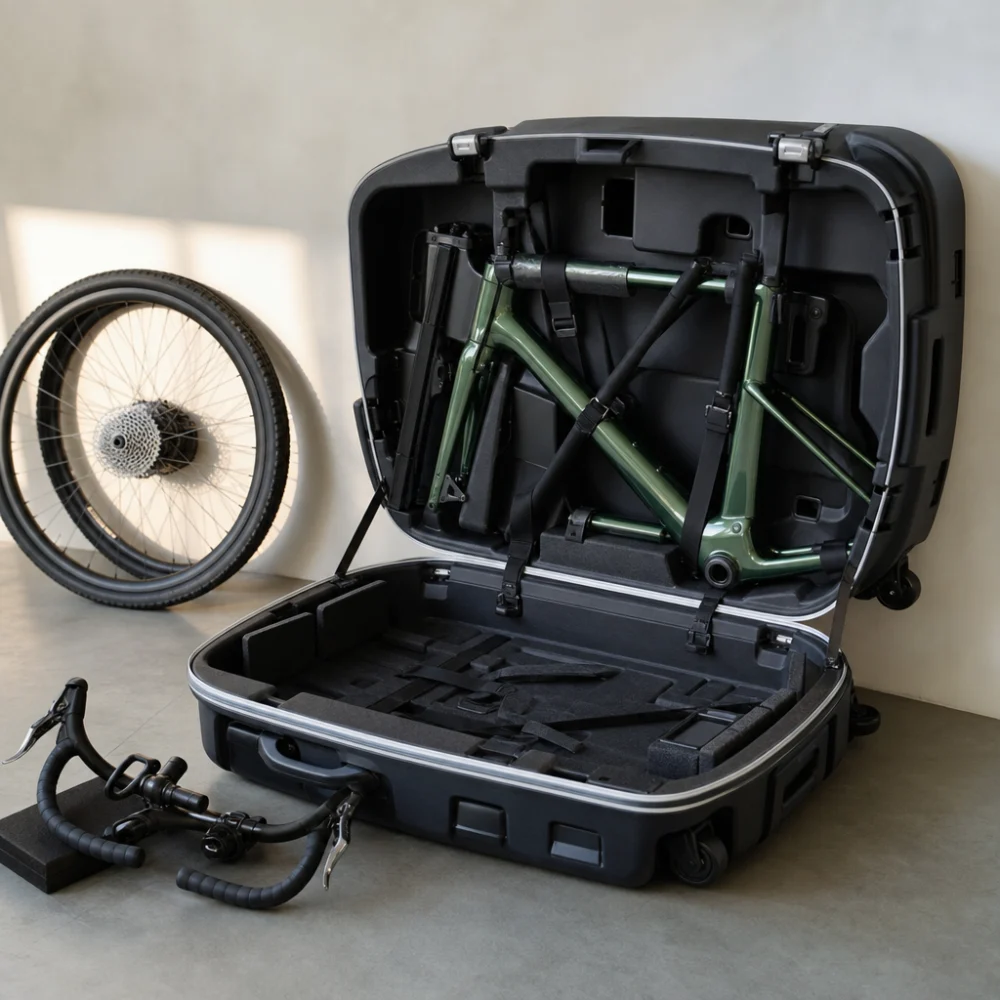 A bicycle transport case beside a partially packed bike in a clean studio setting.